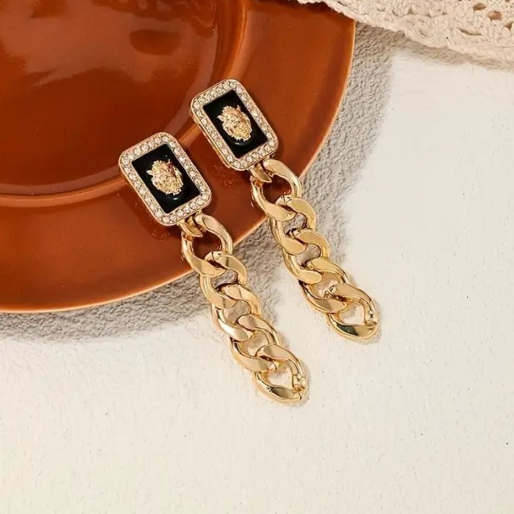 Designer Inspired Gold & Black Lion Dangle Earrings